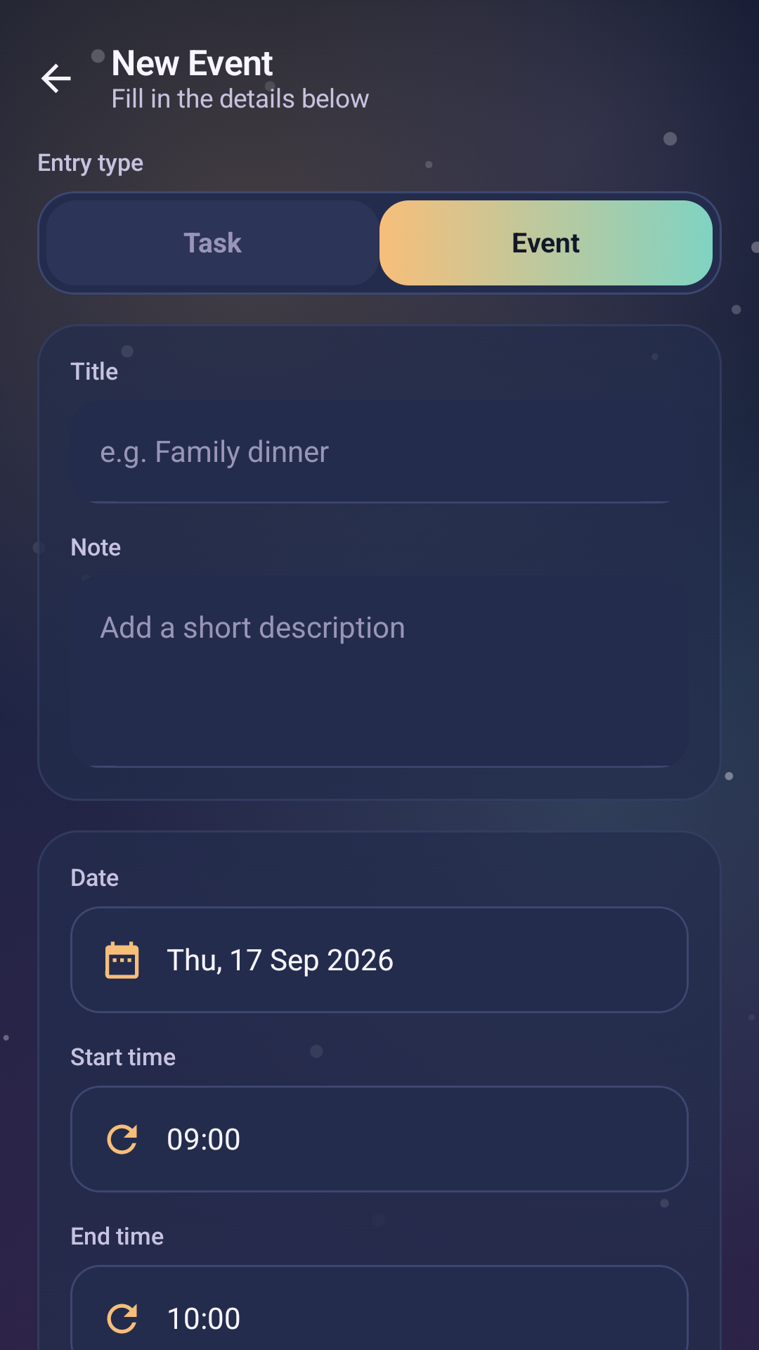 Home Harmony Planner event screen