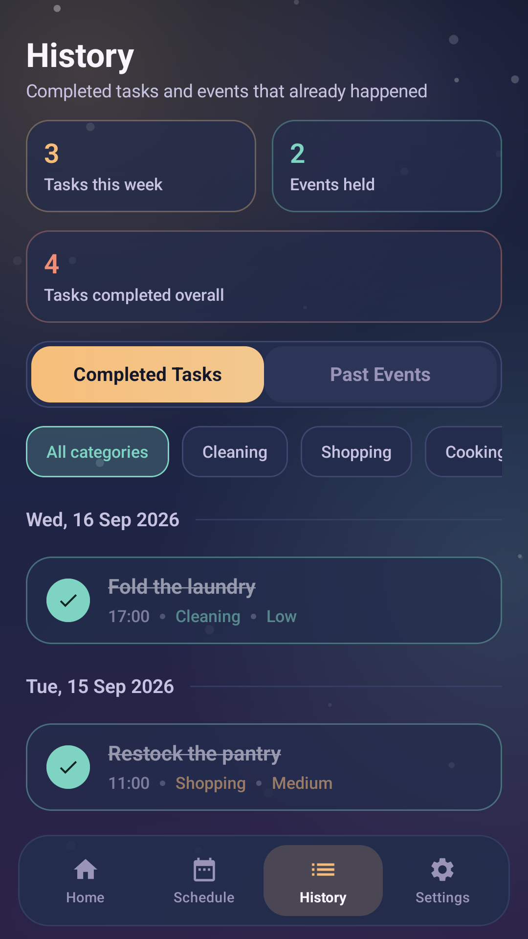 Home Harmony Planner history screen